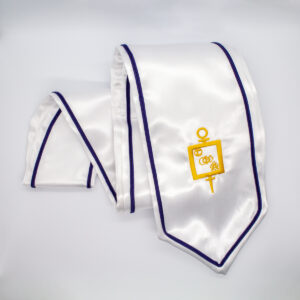 White Satin Stole with Purple Braiding and Gold SPA Monogram Embroidery